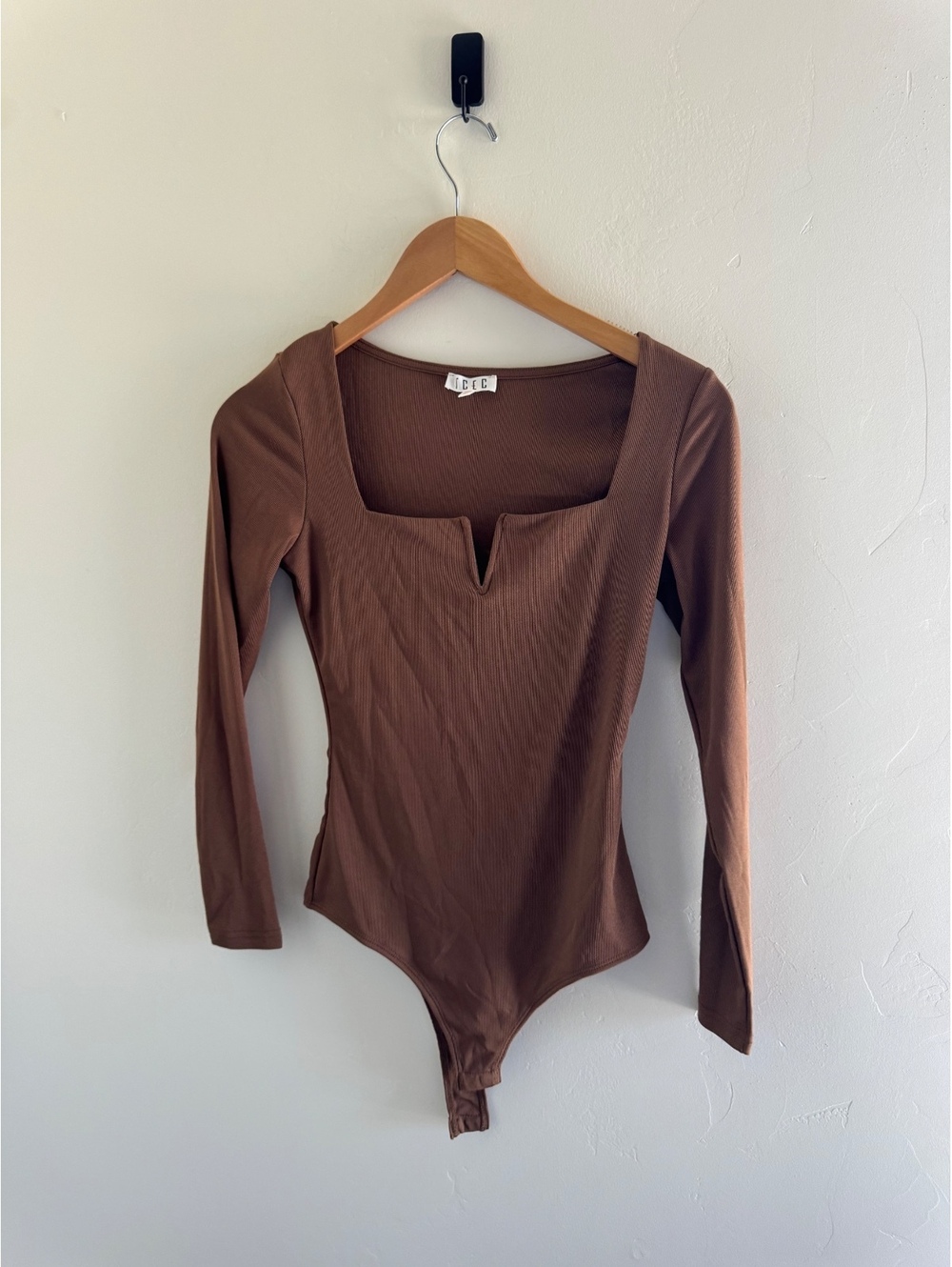TCEC Brown Long Sleeve Bodysuit Square Neck Notch Front Size Small